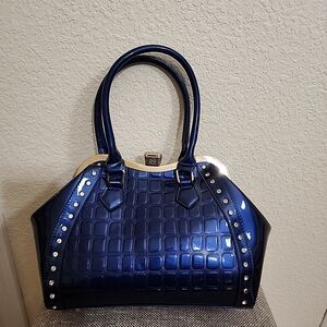 Vintage Style Crystal Embellished Blue  Handbag Patent Leather Large.